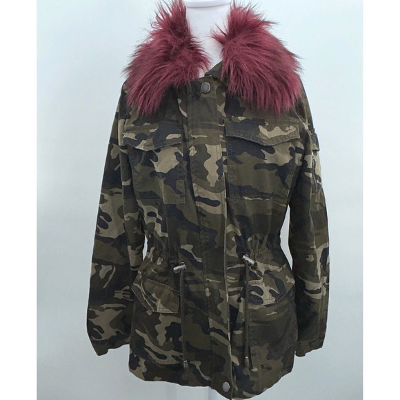 Ashley Blue Womens Camo Military Anorak Jacket Burgundy Faux Fur Collar Medium - Picture 2 of 10